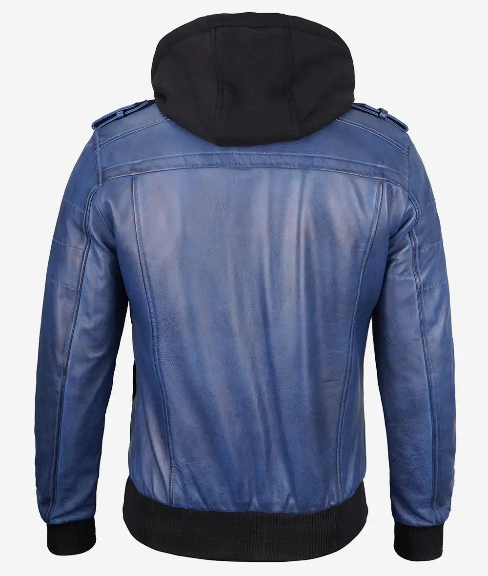 Men's Blue Wax Leather Bomber Jacket with Removable Hood