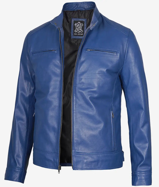 Men's Cafe Racer Classic Blue Leather Jacket