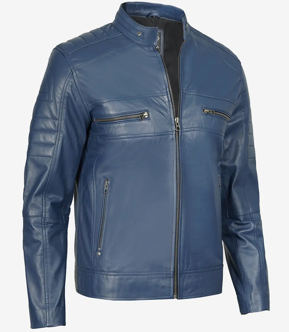 Men's Stylish Slim Fit Blue Cafe Racer Leather Jacket