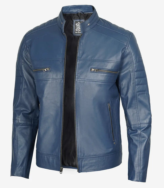 Men's Stylish Slim Fit Blue Cafe Racer Leather Jacket