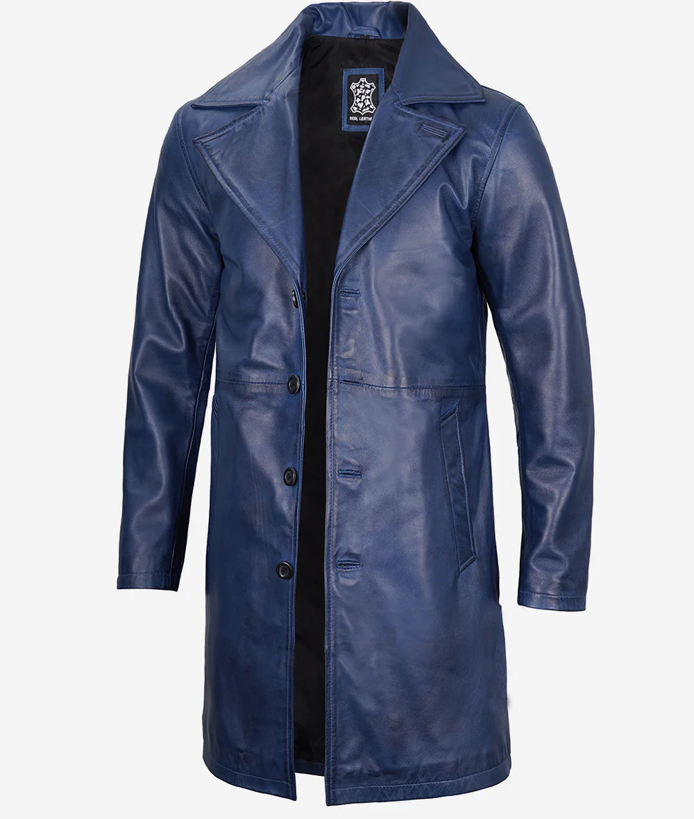 Men's Blue 3/4 Length Real Leather Car Coat