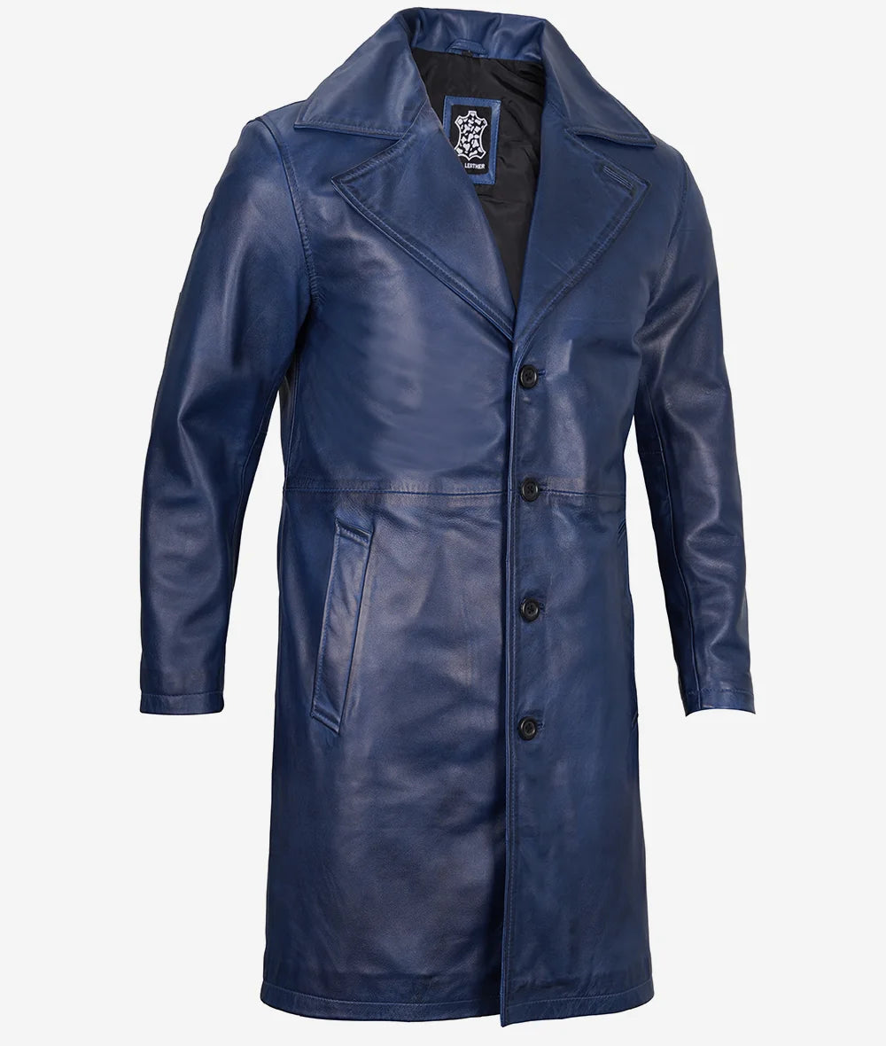 Men's Blue 3/4 Length Real Leather Car Coat