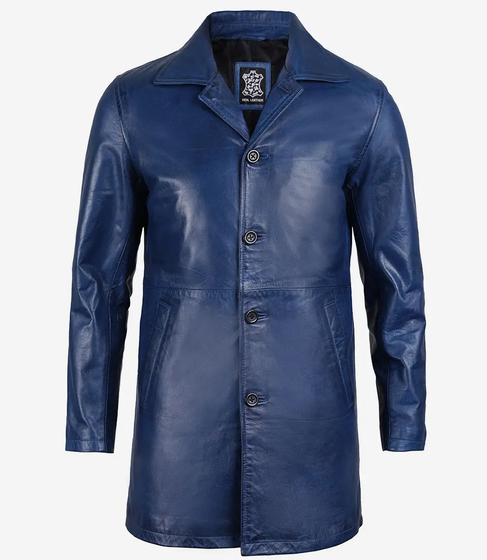 Men's Blue Waxed 3/4 Length Real Leather Car Coat