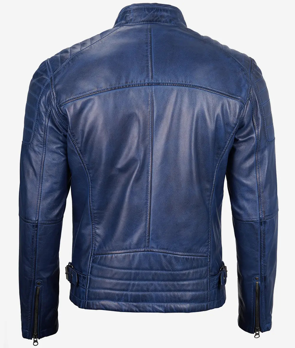 Men's Cafe Racer Blue Waxed Leather Jacket