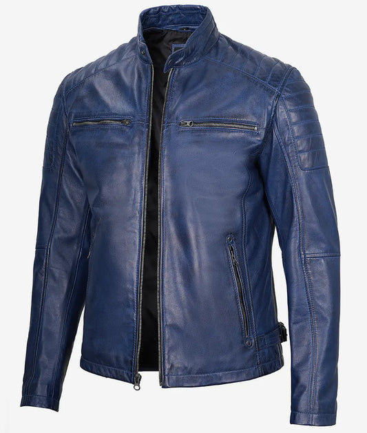 Men's Cafe Racer Blue Waxed Leather Jacket