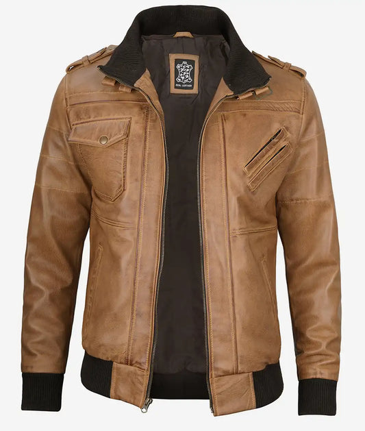 Men's Camel Brown Bomber Leather Jacket Removable Hood