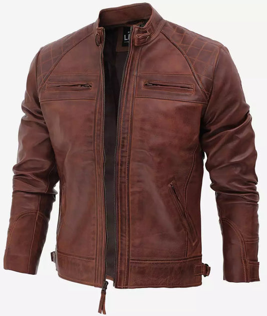 Men's Brown Quilted Cafe Racer Leather Jacket