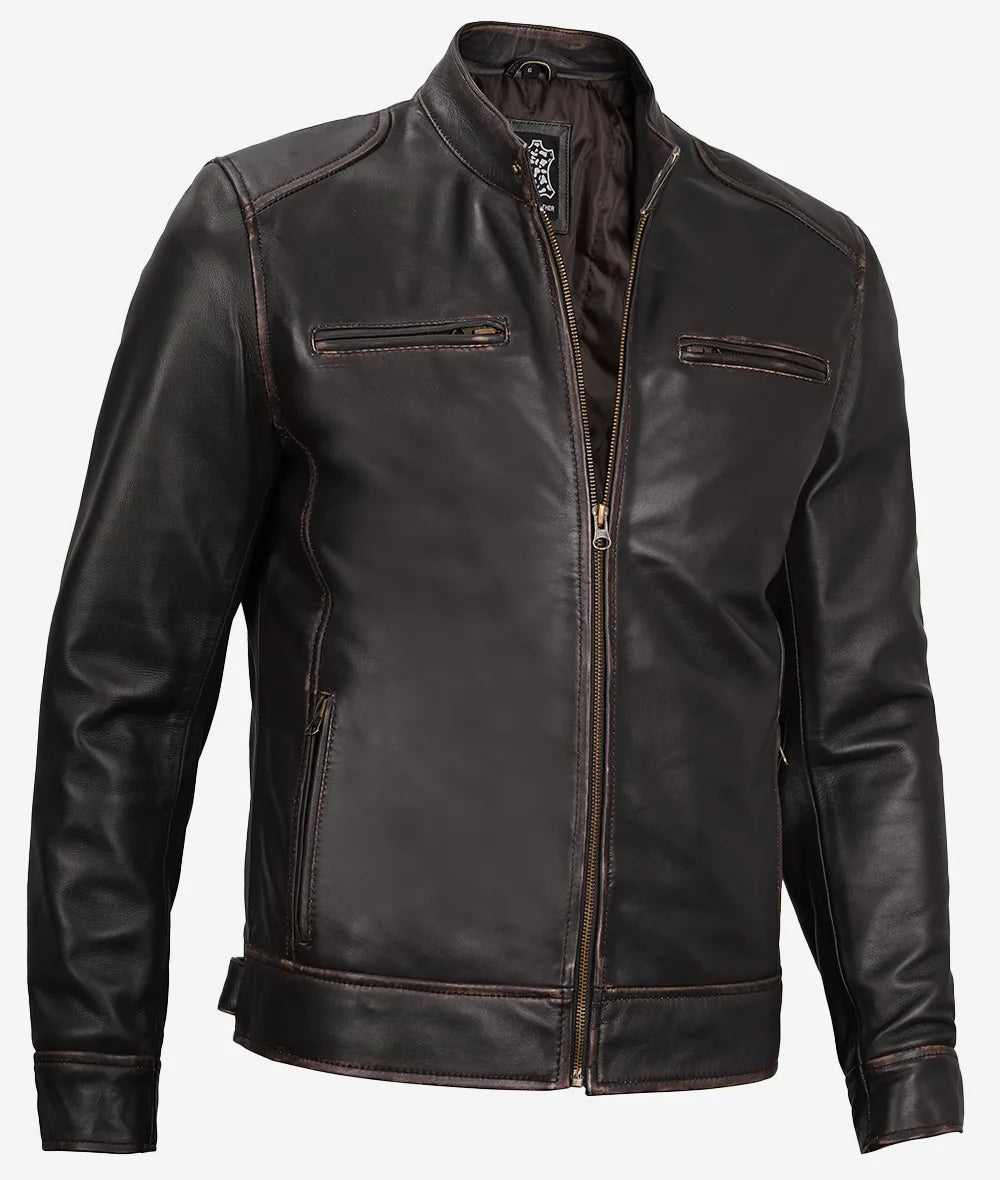 Men's Vintage Brown Real Leather Cafe Racer Jacket