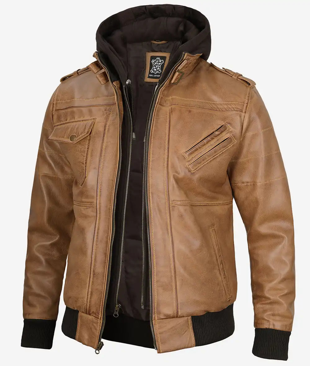 Men's Camel Brown Bomber Leather Jacket Removable Hood