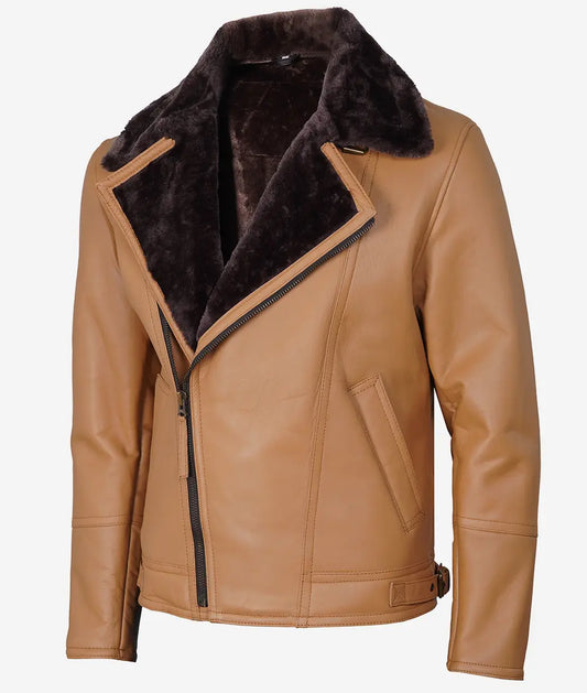 Men's Camel Brown Shearling Moto Leather Jacket