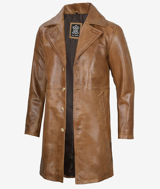 Men's Camel Brown Real Leather Car Coat