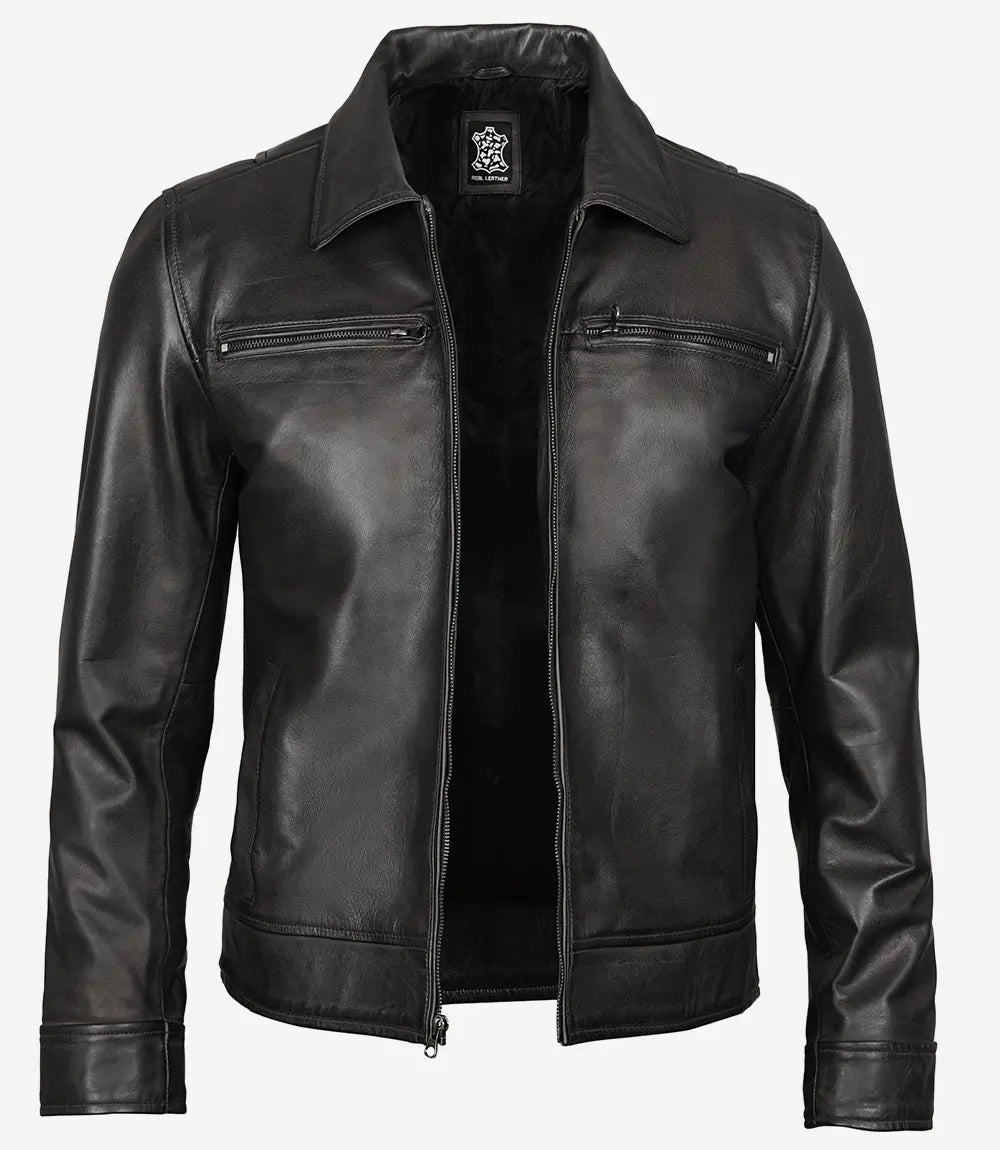 Men's Classic Shirt Style Black Leather Jacket