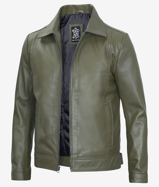 Men's Green Classic Shirt Collar Military Leather Jacket