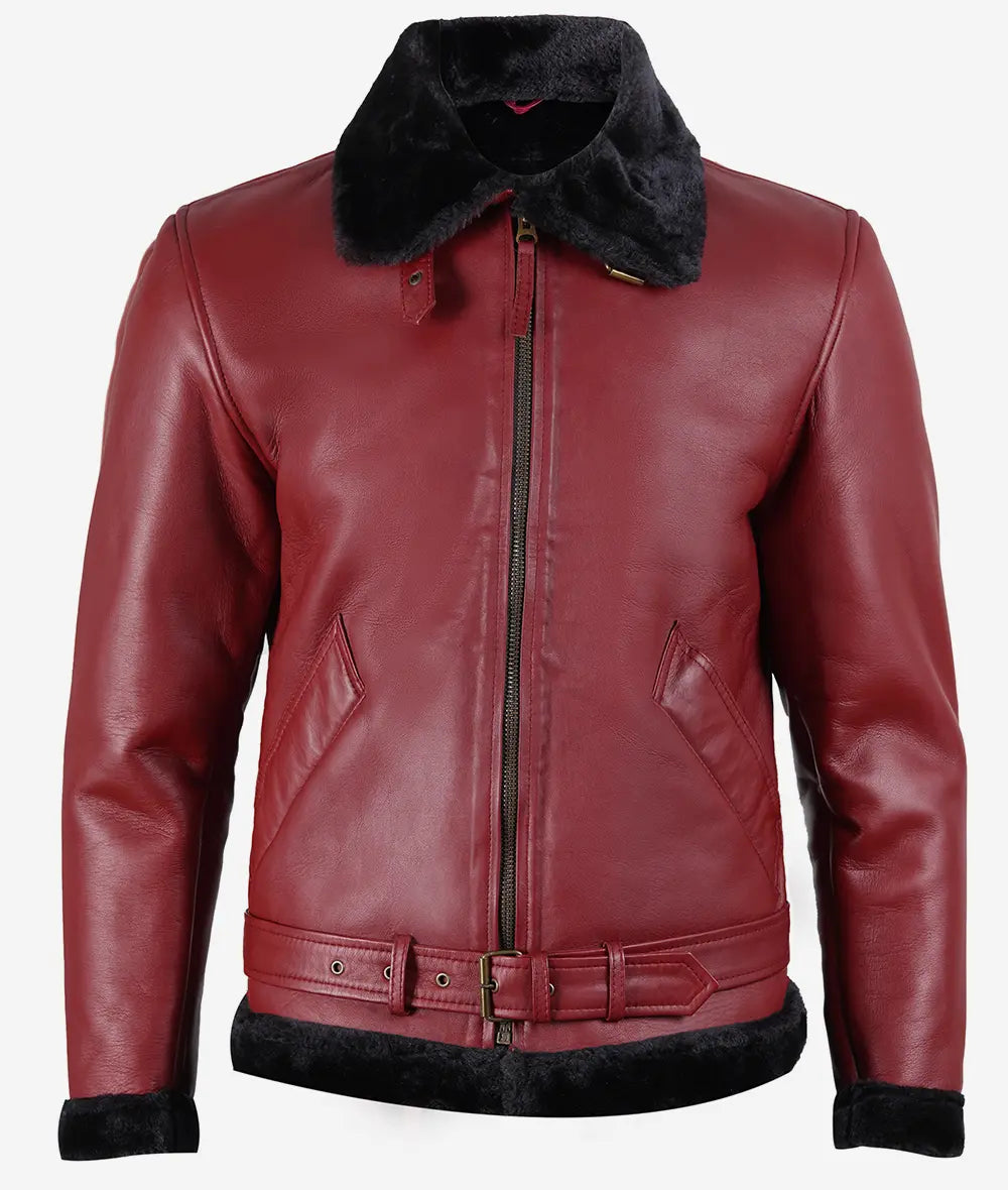 Men's Shearling Maroon Leather Bomber Jacket with a Belted Waist