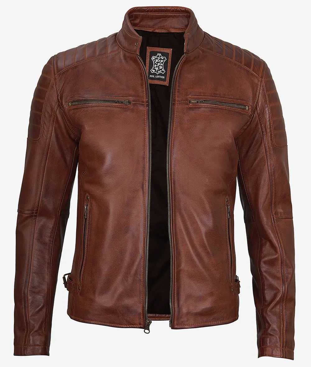 Men's Waxed Cognac Cafe Racer Real Leather Jacket