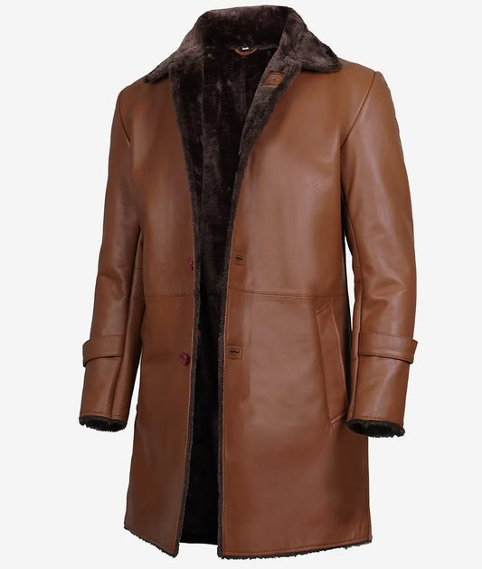 Men's 3/4 Length Shearling Leather Coat in Cognac