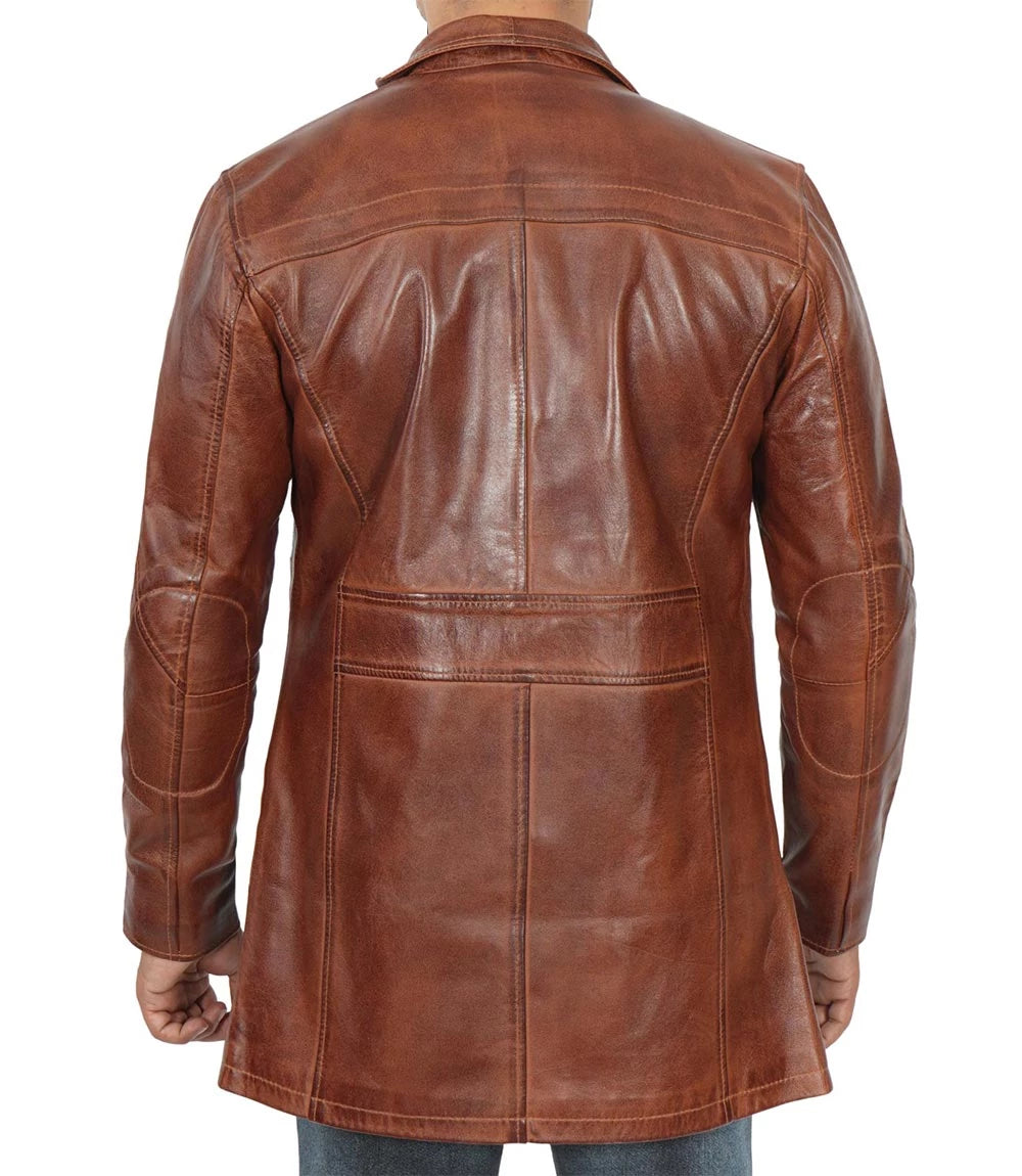 Men's Cognac Lambskin Real Leather Car Coat