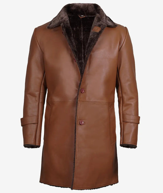 Men's 3/4 Length Shearling Leather Coat in Cognac