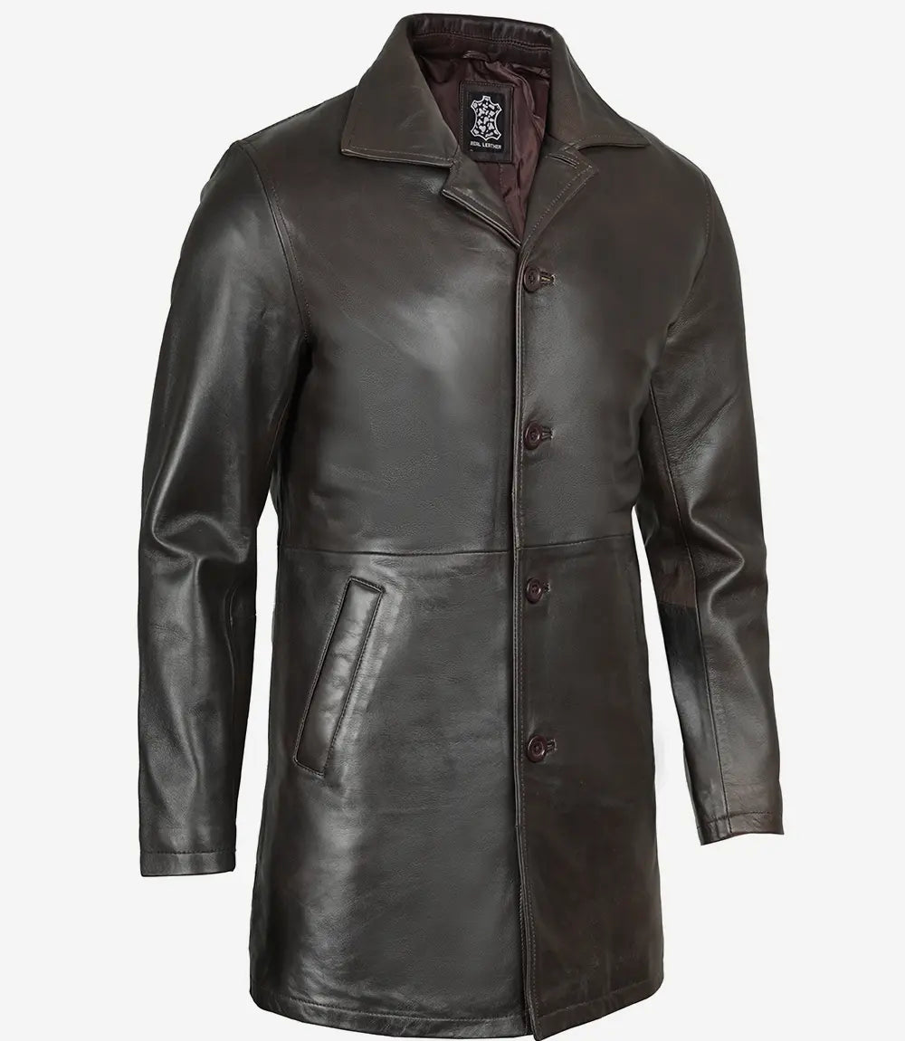 Men's Dark Brown Real Leather Car Coat