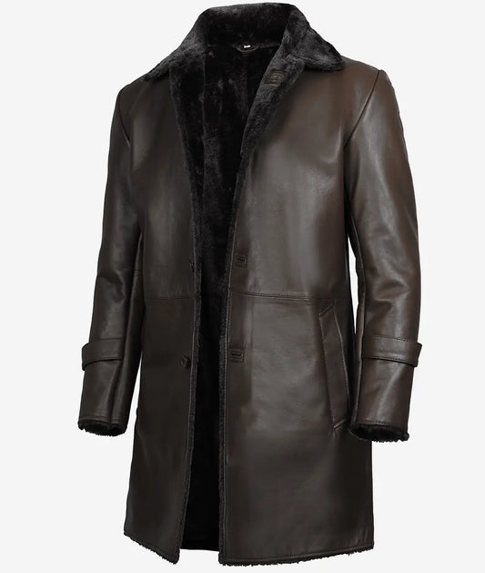 Men's 3/4-length Shearling Dark Brown Leather Coat