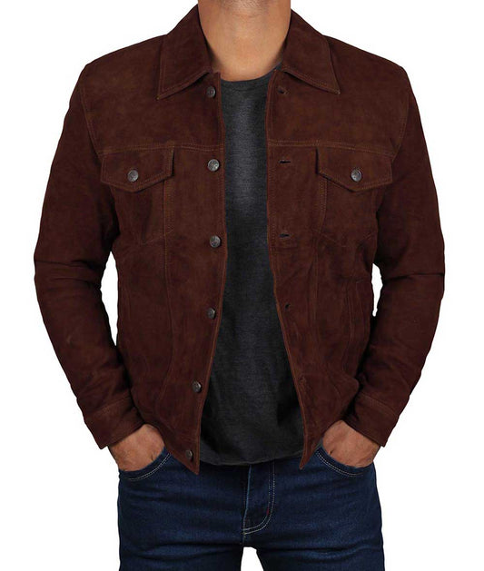 Men's Dark Brown Trucker Suede Jacket