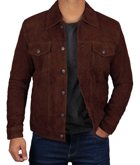 Men's Dark Brown Trucker Suede Jacket