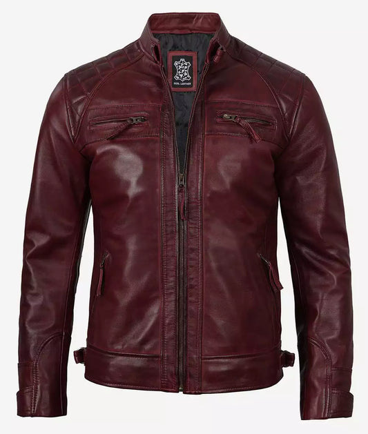 Men's Real Lambskin Leather Maroon Biker Jacket with Quilted Shoulders