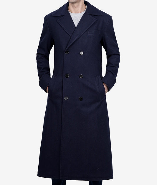 Men's Double Breasted Dark Blue Wool Coat