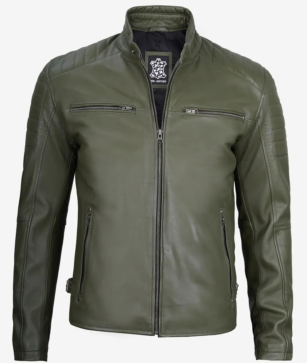 Men's Military Green Cafe Racer Leather Jacket