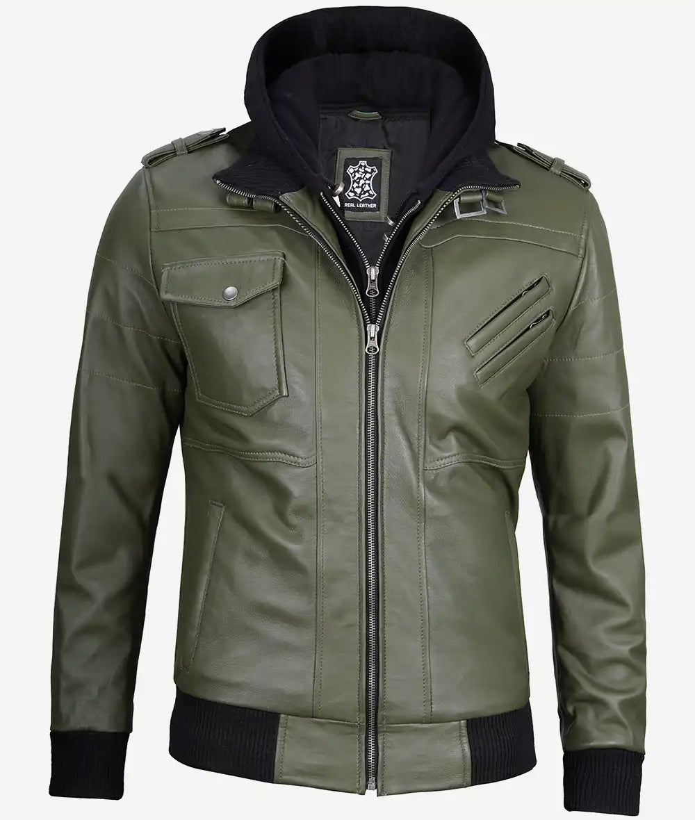 Men's Military Green Real Leather Bomber Jacket with Hood