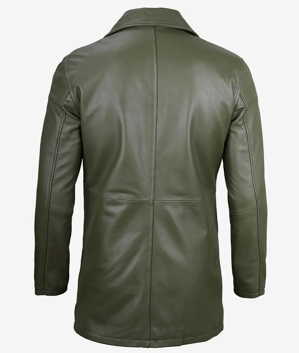 Men's Military Green 3/4 Length Real Leather Car Coat