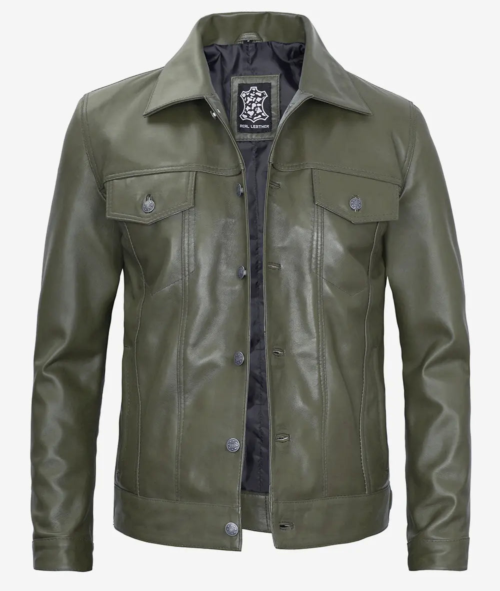 Men's Military Green Four Pockets Leather Trucker Jacket