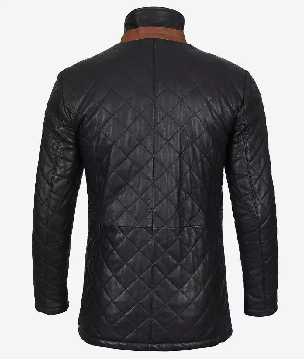 Men's Quilted Black Diamond Leather Car Coat - Brown Detailing