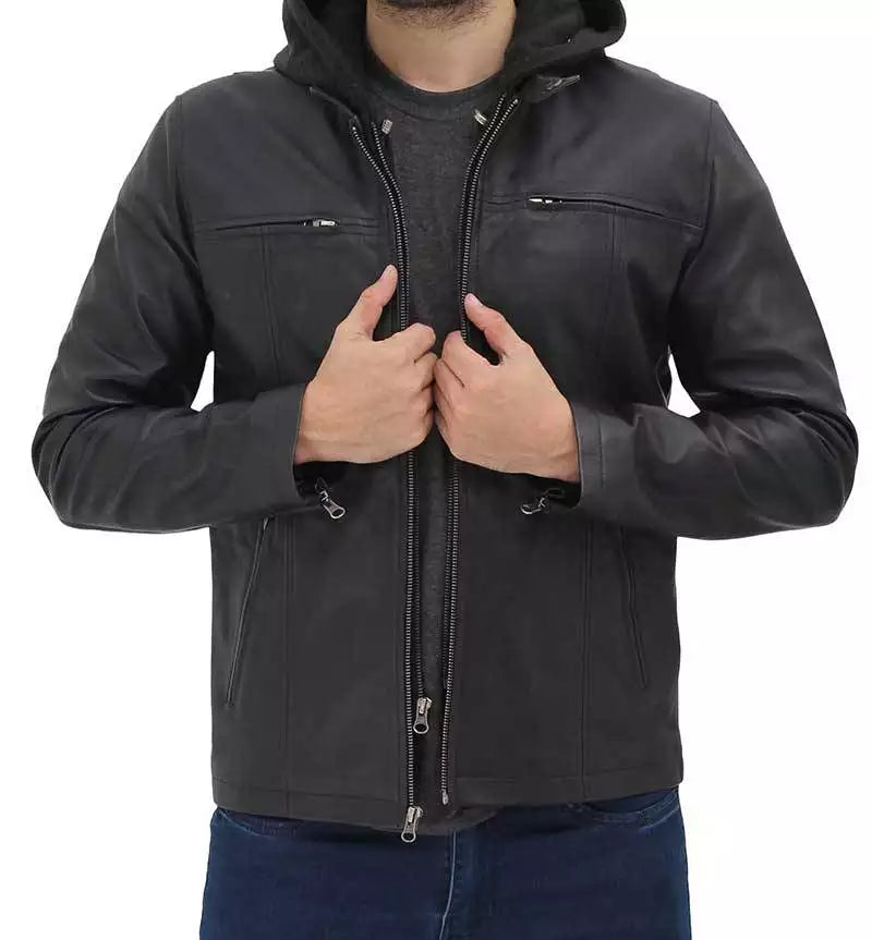 Men's Black Removable Hood Leather Jacket