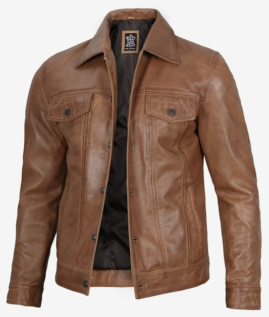 Men's Camel Brown Leather Trucker Jacket