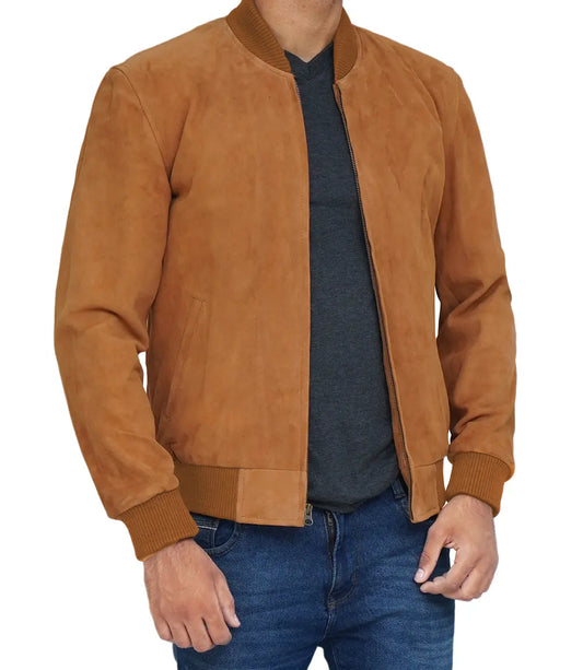 Light Brown Men's Suede Bomber Jacket