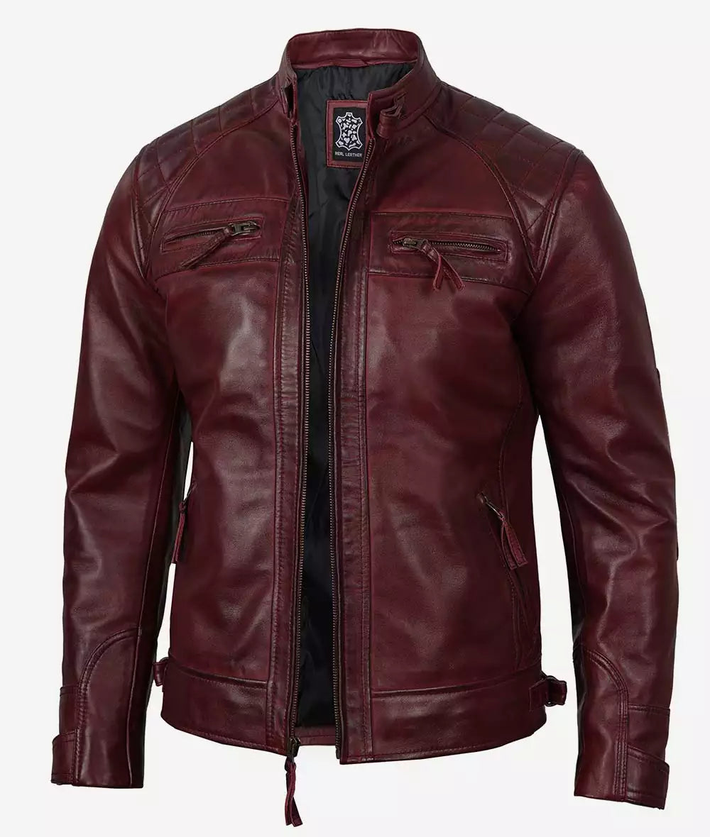 Men's Real Lambskin Leather Maroon Biker Jacket with Quilted Shoulders