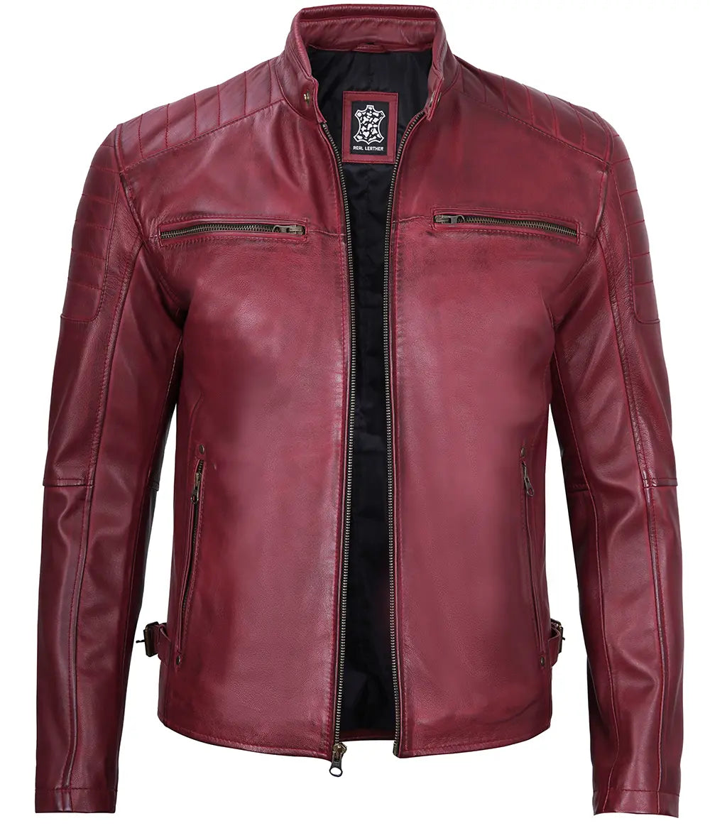 Men's Maroon Cafe Racer Waxed Leather Jacket