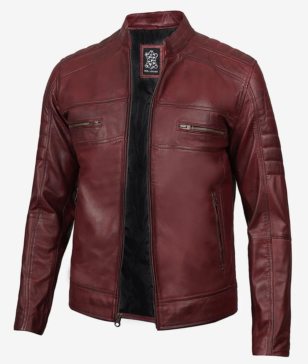 Men's Maroon Cafe Racer Leather Jacket