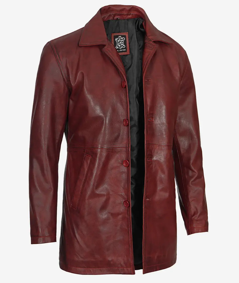 Men's Maroon Real Leather 3/4 Length Coat