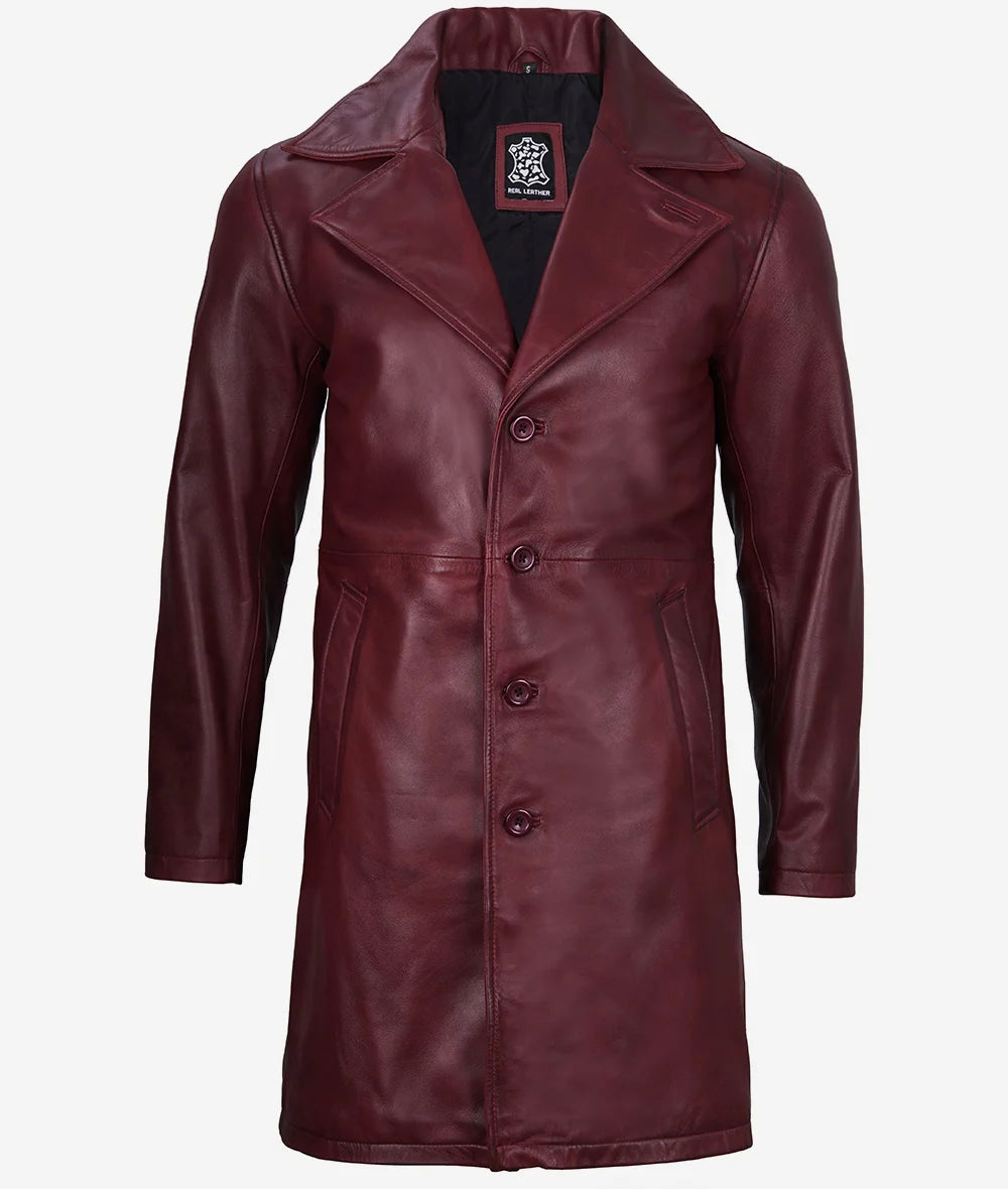 Men's Maroon 3/4 Length Real Leather Car Coat