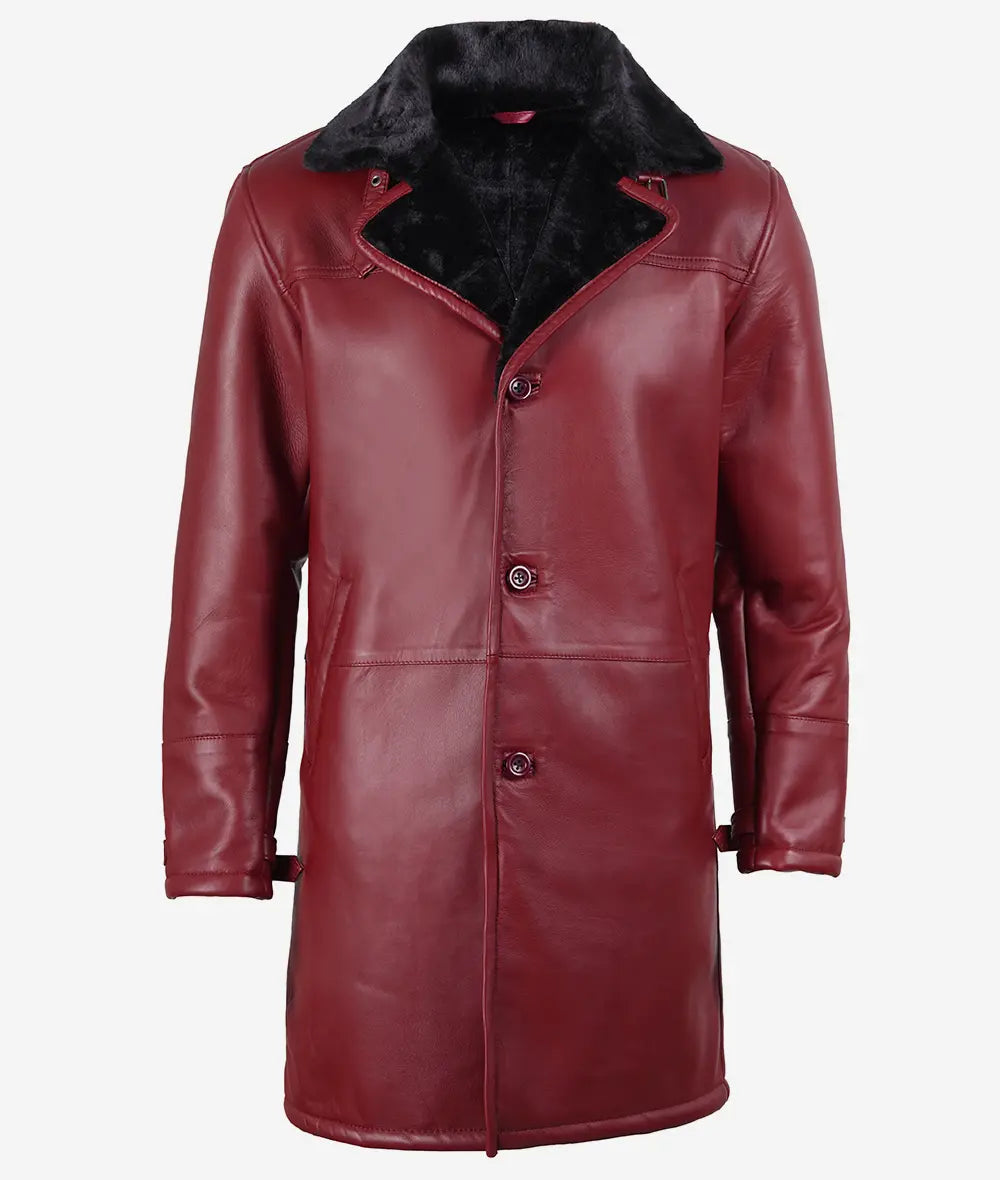 Men's Leather Maroon Coat with Black Shearling Fur