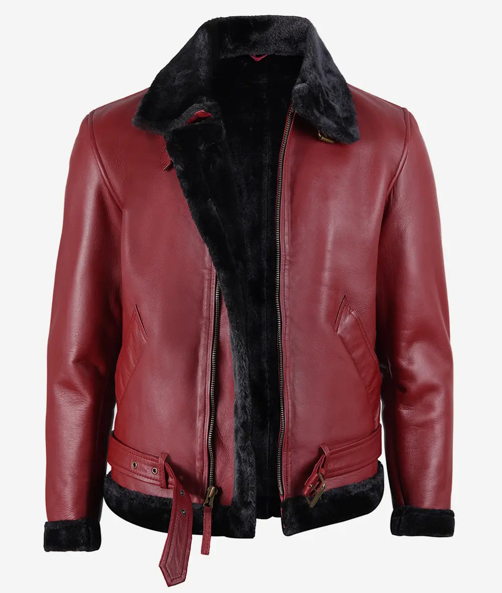 Men's Shearling Maroon Leather Bomber Jacket with a Belted Waist