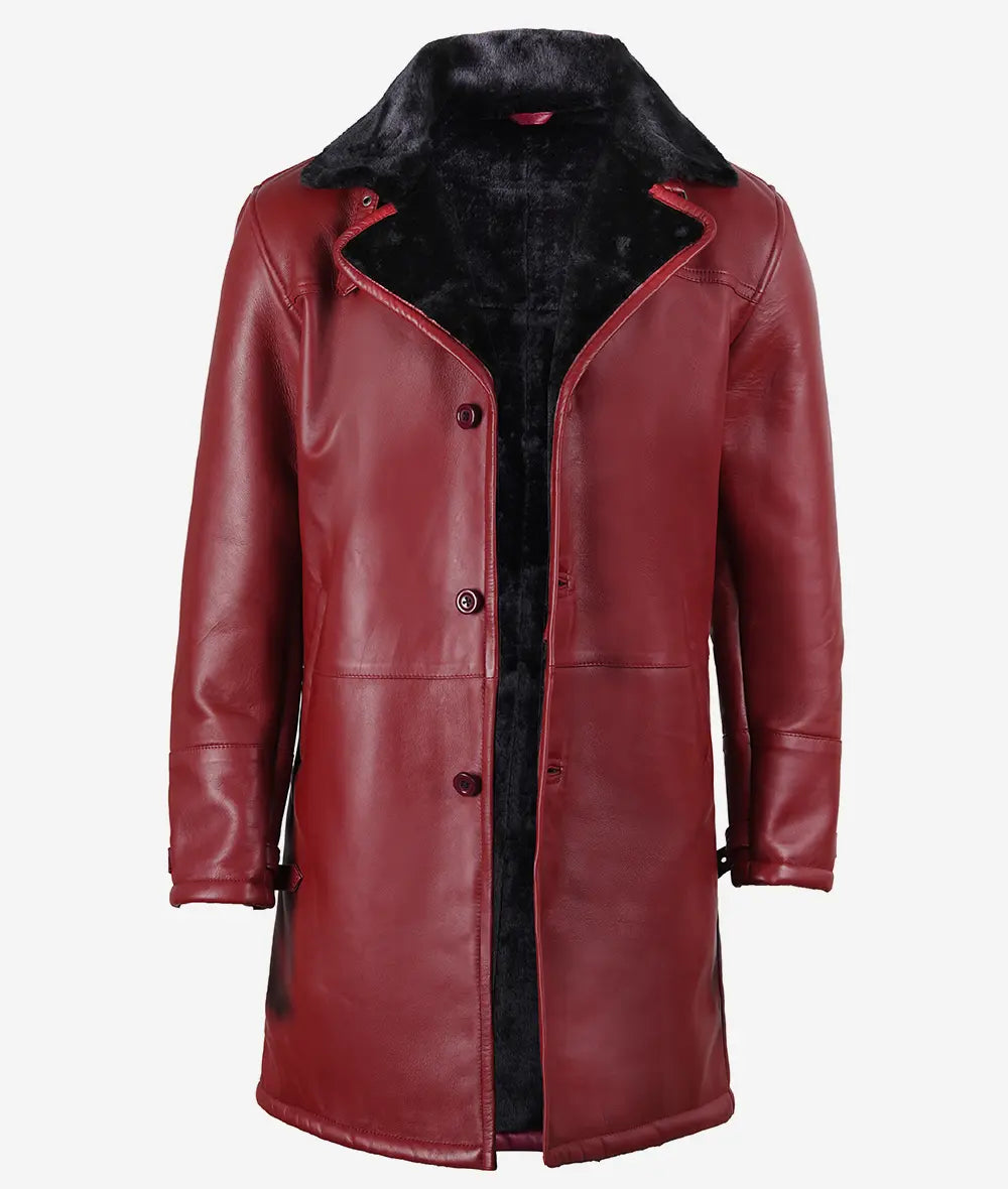 Men's Leather Maroon Coat with Black Shearling Fur