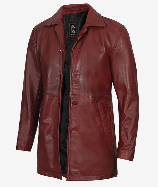 Men's Maroon Real Leather 3/4 Length Coat