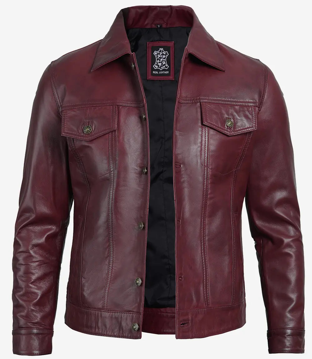 Fernando Men's Maroon Lambskin Leather Trucker Jacket