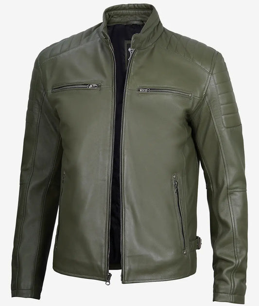 Men's Military Green Cafe Racer Leather Jacket