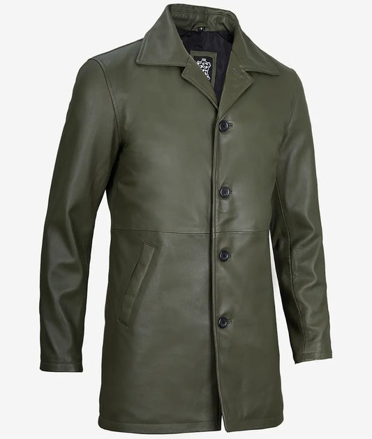 Men's Military Green 3/4 Length Real Leather Car Coat