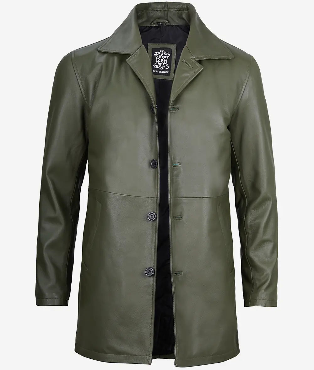 Men's Military Green 3/4 Length Real Leather Car Coat