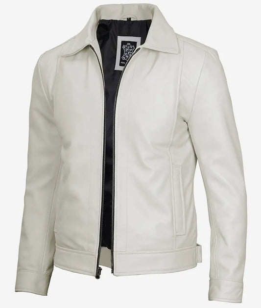 Men's Off White Shirt Collar Real Leather Jacket